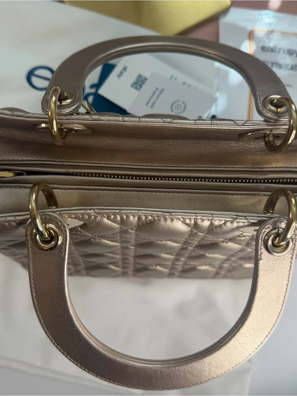 Christian Dior Metallic Lambskin Cannage Medium Lady Dior Bag w/ COA